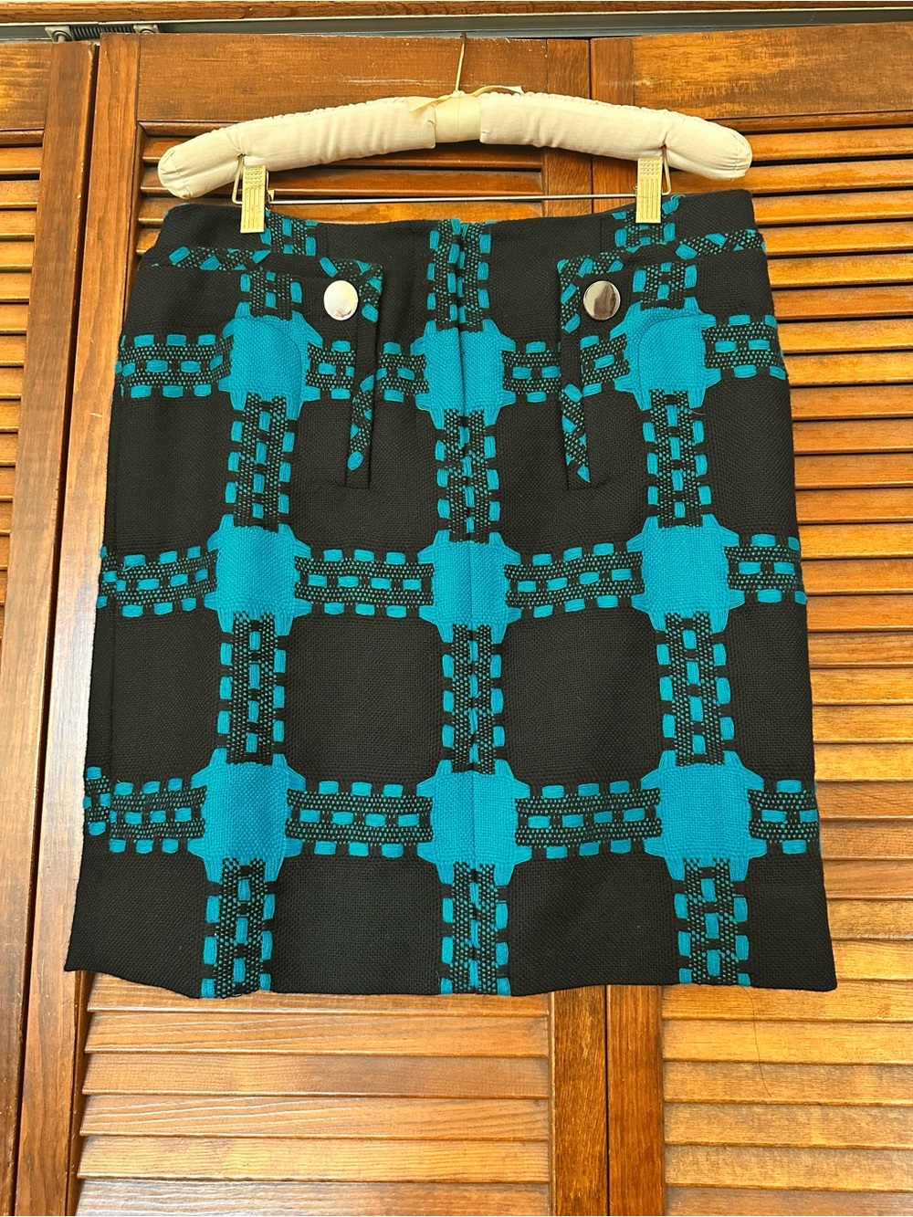 Per Se Black and Teal Green Knit Geometric Wool Mini Pencil Skirt size 12